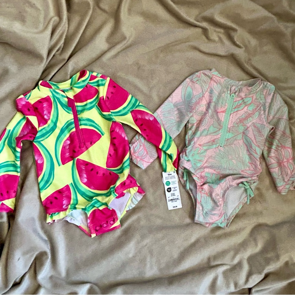 Carter’s Neon Watermelon & Cat & Jack Pastel Palm Long Sleeve Swimsuits 12 Mos